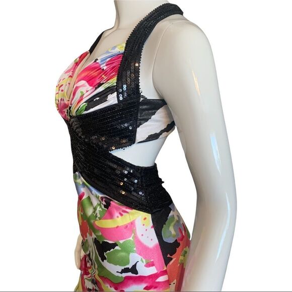 Prom Dress Shimmering Black/Pink Floral Prom  Criss-Cross Back size 3/4 - Picture 9 of 11